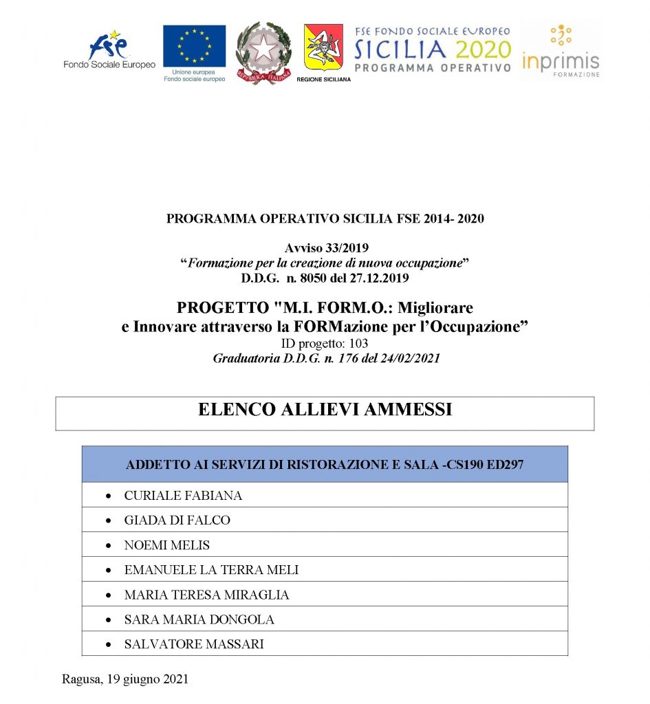 ESITO SELEZIONI ALLIEVI Avviso 33/2019